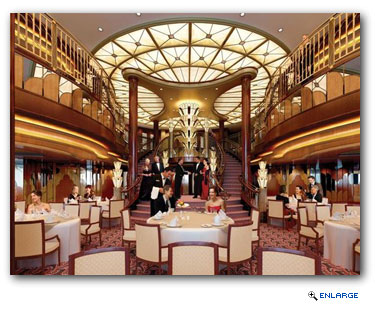 Britannia Restaurant - Art Deco decorative flourishes create a dramatic backdrop for this two-tiered dining room featuring a sweeping staircase ideal for making a grand entrance.